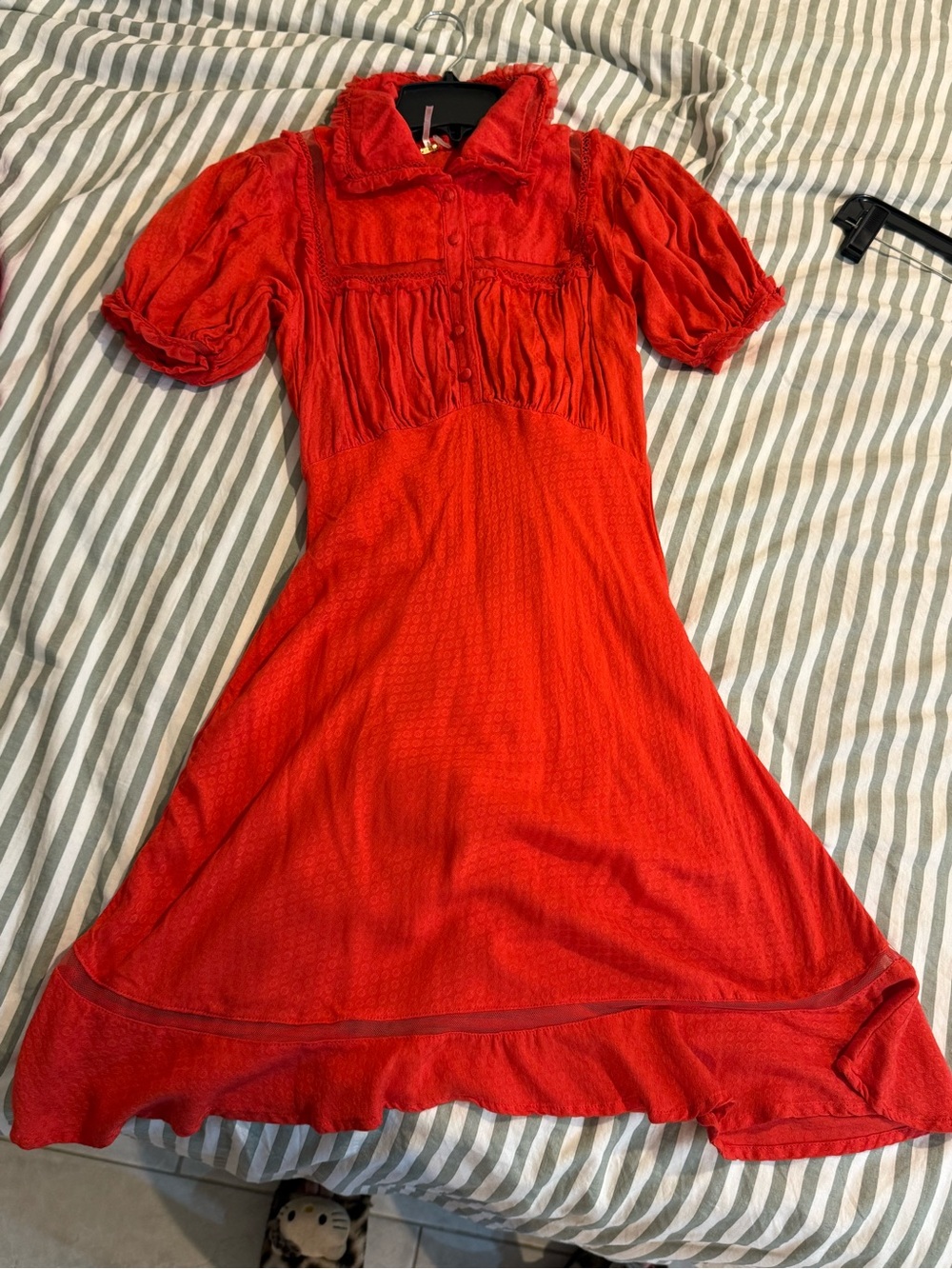Free People Red Midi Dress with Puff Sleeves